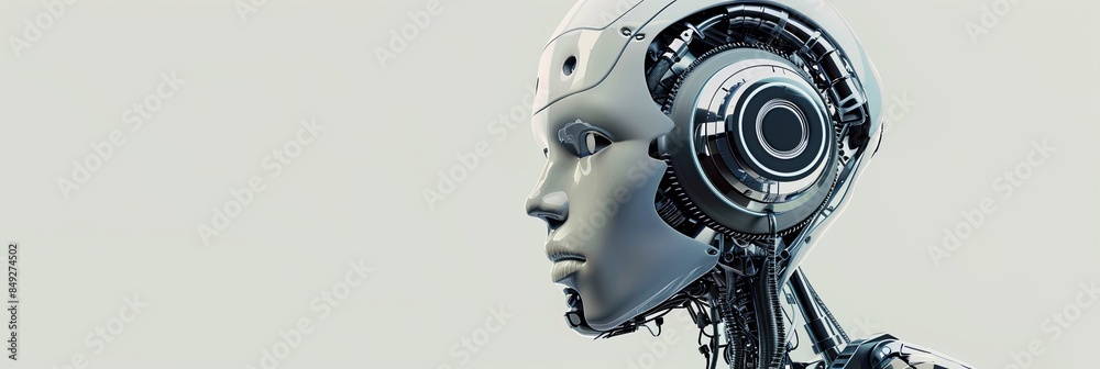 Poster 3d rendering of an artificial intelligence robot head with a visible digital brain engine, isolated 