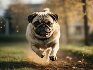 Close up of a pug dog running outside