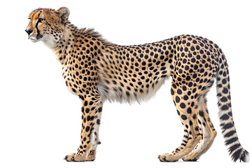 View from side of cheetah on white background, transparent background