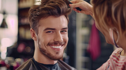 Naklejka premium Smiling young man enjoys a professional haircut from a stylist in a modern hair salon
