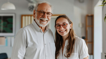 Obraz premium Elderly man and his granddaughter enjoying a happy moment together indoors