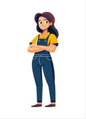 a cartoon woman in overalls standing with her arms crossed