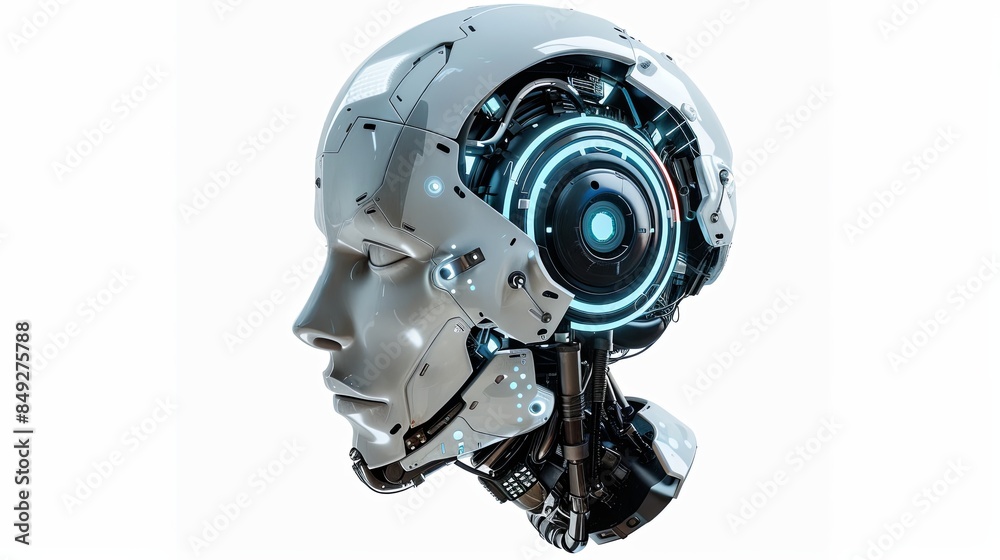 Poster 3D rendering of an AI robot head with a digital brain engine visible inside. The robot is isolated on a white background with a clipping path. Generative AI