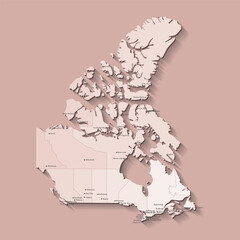 Vector modern illustration. Simplified isolated administrative map of Canada in brown colors. Beige background and outline. Names of the cities Ottawa, Toronto and etc. and provinces.