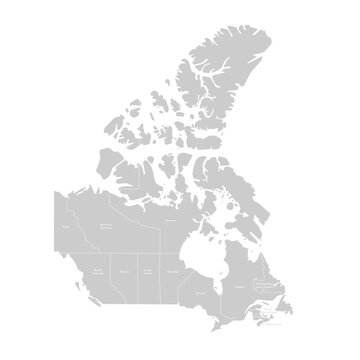 recommend clip art: Vector modern illustration. Simplified isolated administrative map of Canada in grey colors. White background and outline. Names of the provinces Ontario, Quebec, British Columbia and etc.