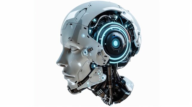 3D rendering of an AI robot head with a digital brain engine visible inside. The robot is isolated on a white background with a clipping path. Generative AI