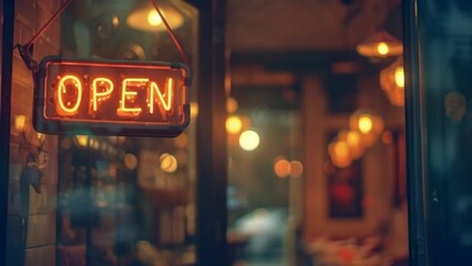 Cozy café entrance with a glowing neon 'Open' sign. Warm and inviting atmosphere perfect for social gatherings and evening relaxation
