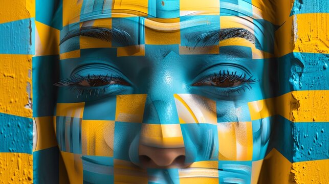 anamorphosis art, the shaft, an elevator, a human face, yellow/blue chequered background blue/turquoise striped