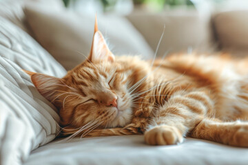 Obraz premium Peaceful Sleeping Cat. A serene image of a fluffy orange tabby cat peacefully sleeping on a soft couch, exuding calmness and relaxation.