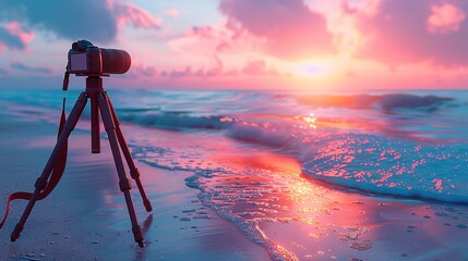 Photos of a Camera on a Tripod Taking Pictures at Sunrise

