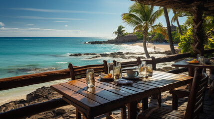 Restaurant table with food at a tropical resort beach paradise. Enjoy amazing nature, a stunning ocean lagoon, blue skies, and palm trees. Perfect for a luxury summer vacation and travel adventure.