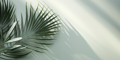 Elegant Summer Background with Palm Leaves and Shadows on Light Green Pastel Gradient, Perfect for Minimalistic Product Displays and Text Features