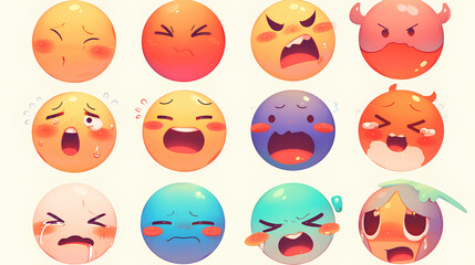 Fototapeta premium various emoji expressions, colored expressions of different emotions with a white background