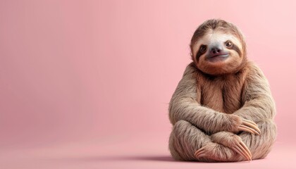 A cute Sloth sitting on a solid pastel background with space above for text