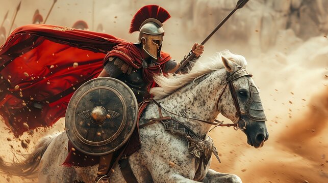 A white horse in a spartan outfit, spartan full armor crimson cape flying in the wind charging into battle spear in one hand shield in the other,  photography.