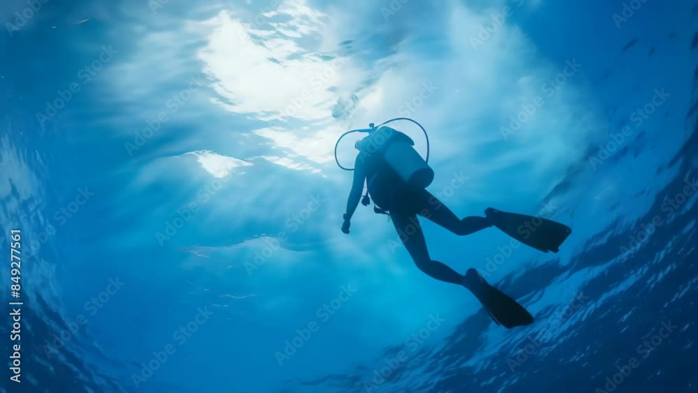 Poster scuba diver exploring the depths of the ocean with sunlight filtering through the water. adventure a