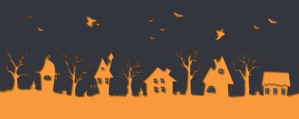 Halloween Seamless Border. Spooky village. Halloween Houses. Orange Silhouettes of houses, trees, witch, ghost, bats on black background. Halloween border in Paper CutOut Style. Vector illustration