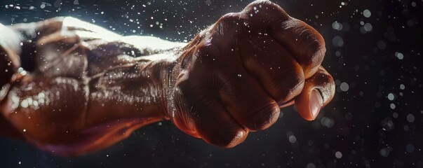 Close-up of a muscular clenched fist in action, showcasing strength and determination with water droplets in motion.