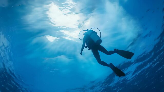 Scuba diver exploring the depths of the ocean with sunlight filtering through the water. Adventure and marine exploration concept
