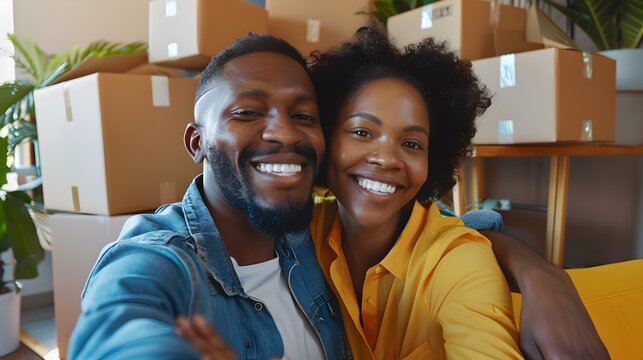 Joyful couple taking selfie while packing for new home move