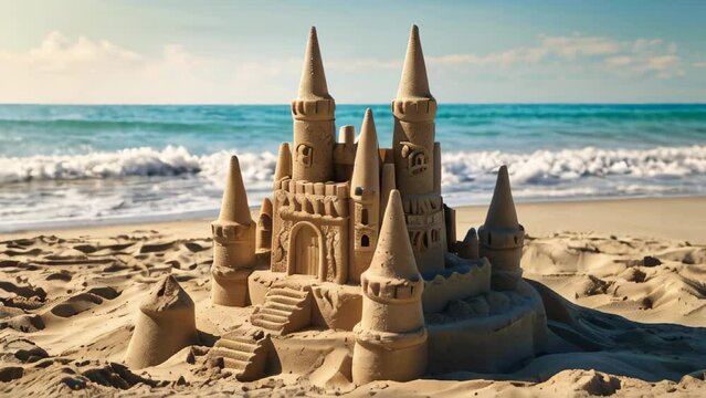 A meticulously crafted sandcastle sits on a sandy beach with the ocean waves gently rolling in the background. Travel and vacation concept. Slow motion