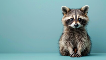 A cute Raccoon sitting on a solid pastel background with space above for text