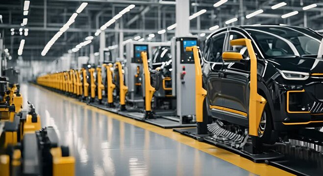 Electric vehicle production line with rows of battery cells on assembly belt in modern factory hall