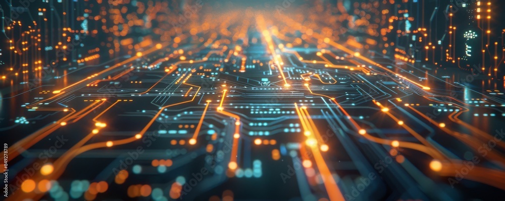 Poster A computer chip with a lot of orange lines on it