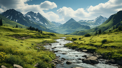 Scenic view of mountain and grass covered hills