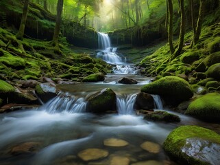 Obraz premium A serene mountain landscape adorned with numerous cascades. Water flows gracefully over rugged rocks, forming cascading streams that weave through lush green valleys.