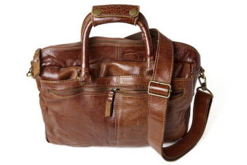 Vintage rough cowhide leather briefcase isolated on a white background. Brown laptop and document bag