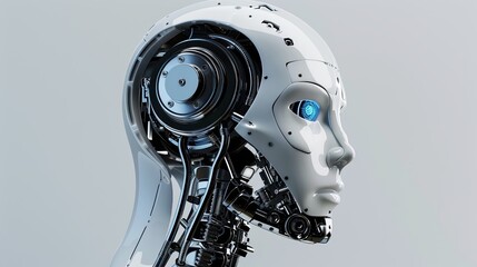 A 3D rendering of an AI robot head with an exposed digital brain engine, isolated on a white background with clipping path. Generative AI