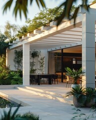 Fototapeta premium Minimalist Patio with White Pergola and Black Dining Set