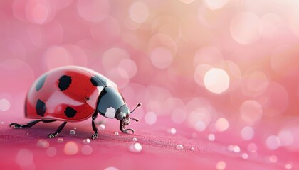 A cute Ladybug sitting on a solid pastel background with space above for text
