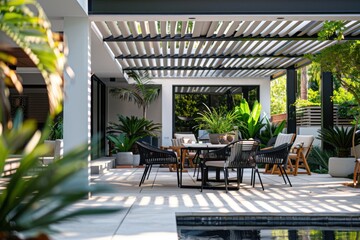 Fototapeta premium Minimalist Patio with White Pergola and Black Dining Set