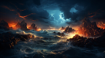 Ocean storm with lightning: a natural disaster phenomenon.