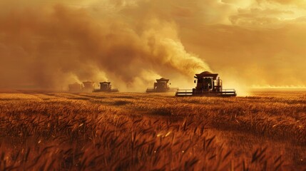Fototapeta premium Summer Grain Harvest with Modern Machinery Under Golden Sunset for Agricultural Posters