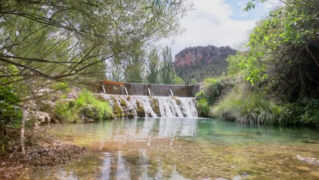 A stream of water flows through a forest. The water is clear and calm, and the trees are lush and green. The scene is peaceful and serene, with the sound of the water