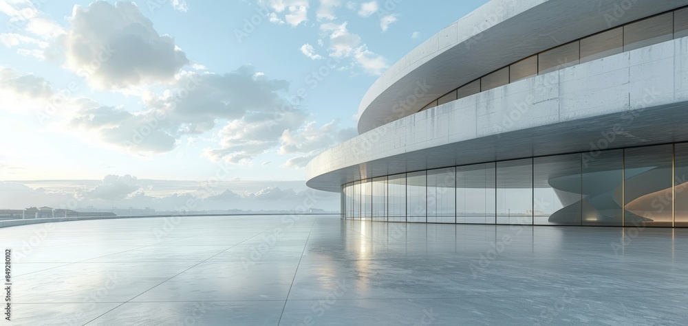 Aufkleber 3D rendering of an empty concrete floor inside a circular architecture building, with a white cloud sky background, creating a spacious and modern atmosphere.