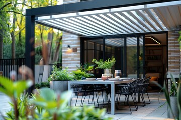 Fototapeta premium Minimalist Patio with White Pergola and Black Dining Set