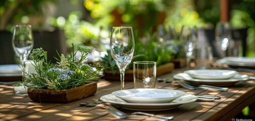Wedding table arranged in a summer garden with glasses, plates, and cutlery, focusing on the detailed setting for a celebration or family gathering at home.