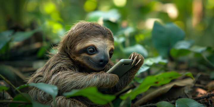 Meme A baby sloth in a lush green forest carefully examines a smartphone it holds in its claws. for amusing social media posts or discussions on technology in nature. technology intervenes in nature