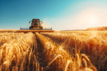 Fototapeta premium Farmers Harvesting Grain in Golden Fields Under Bright Summer Sunshine