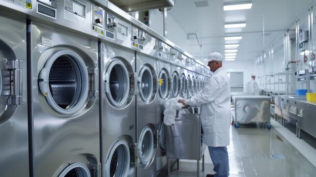Efficient Industrial Laundry Facility with Professional Team Operating Washing Machines