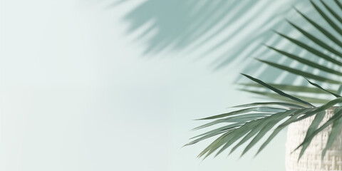 Obraz premium Elegant Summer Background with Palm Leaves and Shadows on Light Green Pastel Gradient, Perfect for Minimalistic Product Displays and Text Features