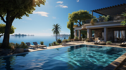 Obraz na płótnie Canvas Swimming pool in luxury villa with sea view