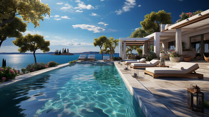 Fototapeta na wymiar Swimming pool in luxury villa with sea view