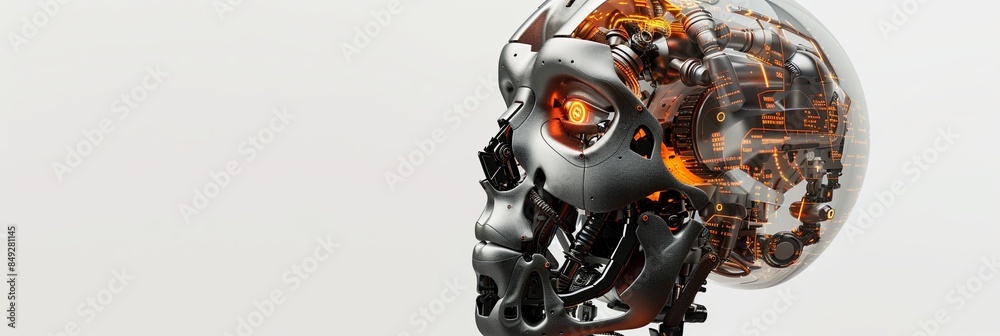 Leinwandbilder a 3d rendering of an ai robot head, isolated on a white background, featuring a digital brain engine