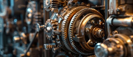 Close-up of intricate gears and machinery, depicting the complexity and precision of mechanical engineering in industrial equipment.