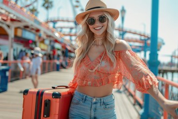 Smiling Woman Inviting to Adventure at Santa Monica Pier

